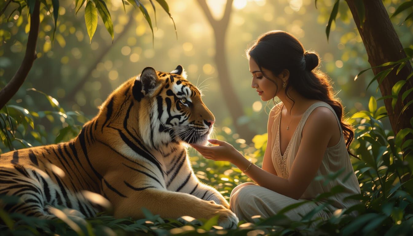 Woman Gently Interacts With Bengal Tiger in Park