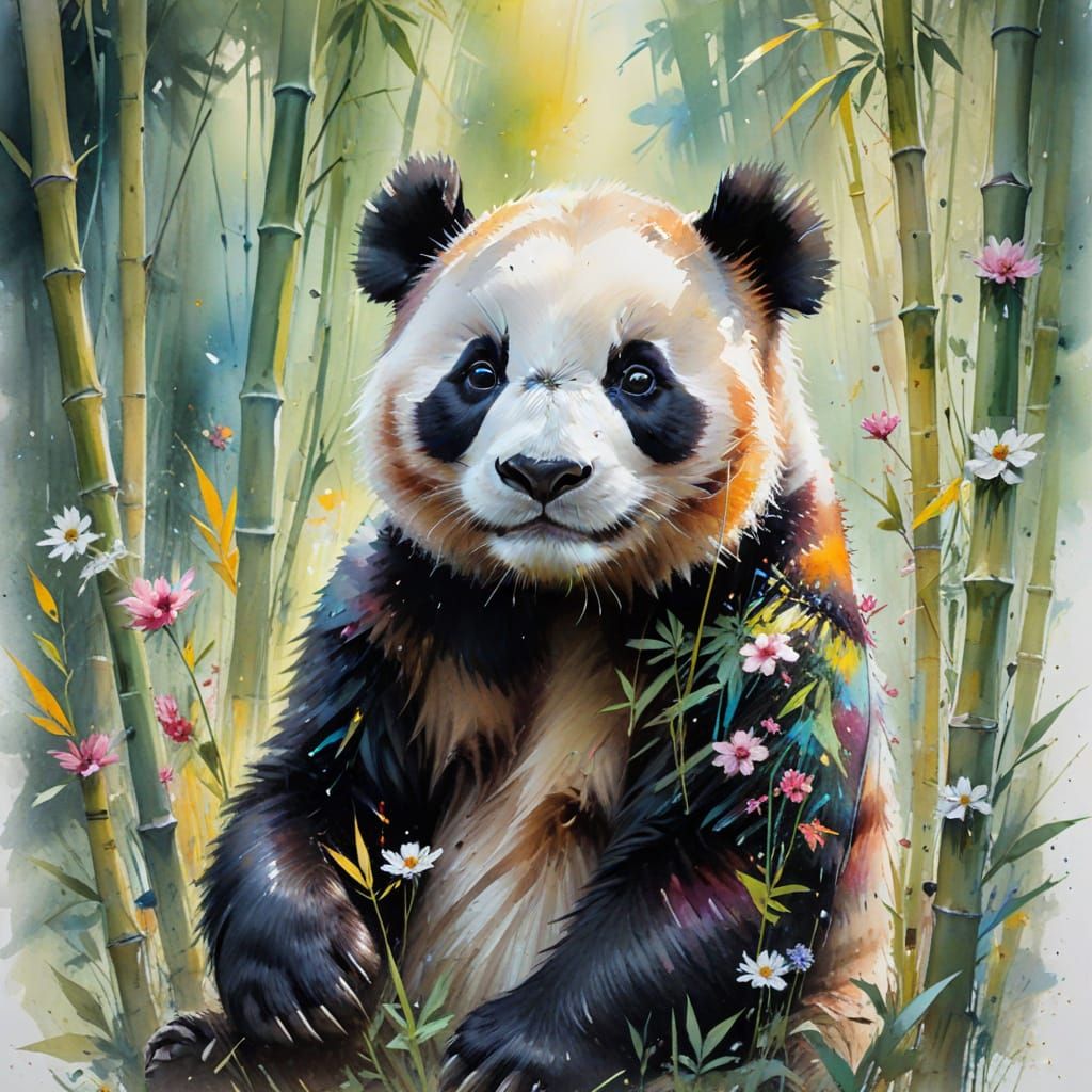 Whimsical Panda in Vibrant Watercolour Forest
