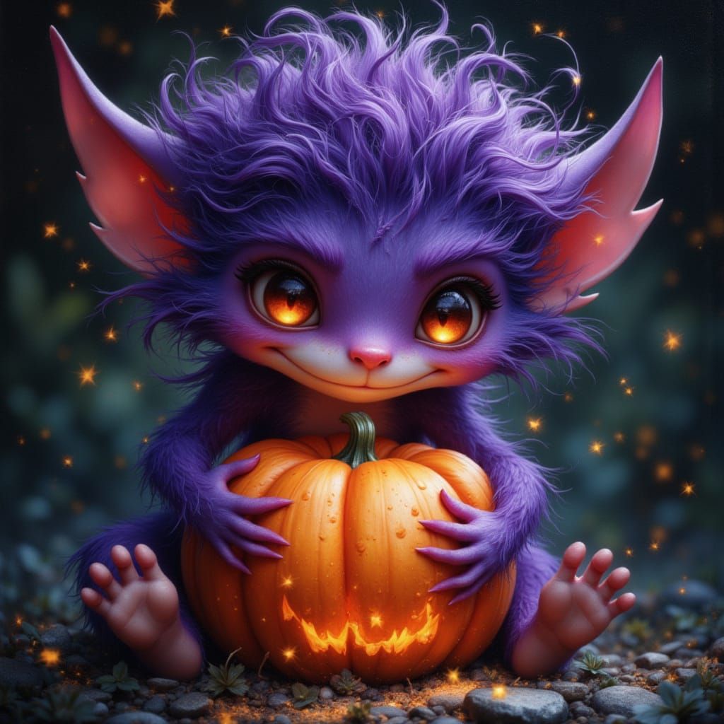 Cute Hairy Creature With Mystical Pumpkin