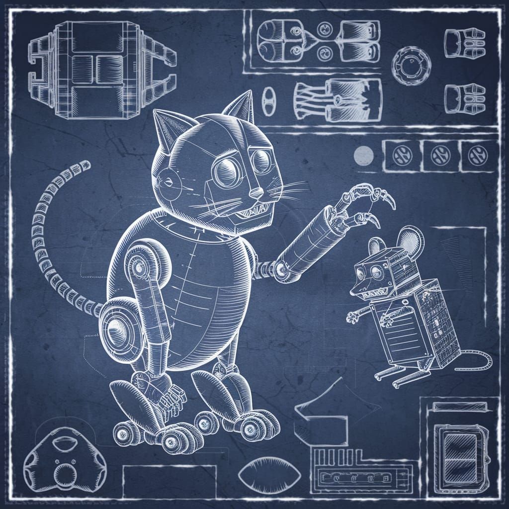 Blueprint Illustration: Robot Cat Catching Mouse
