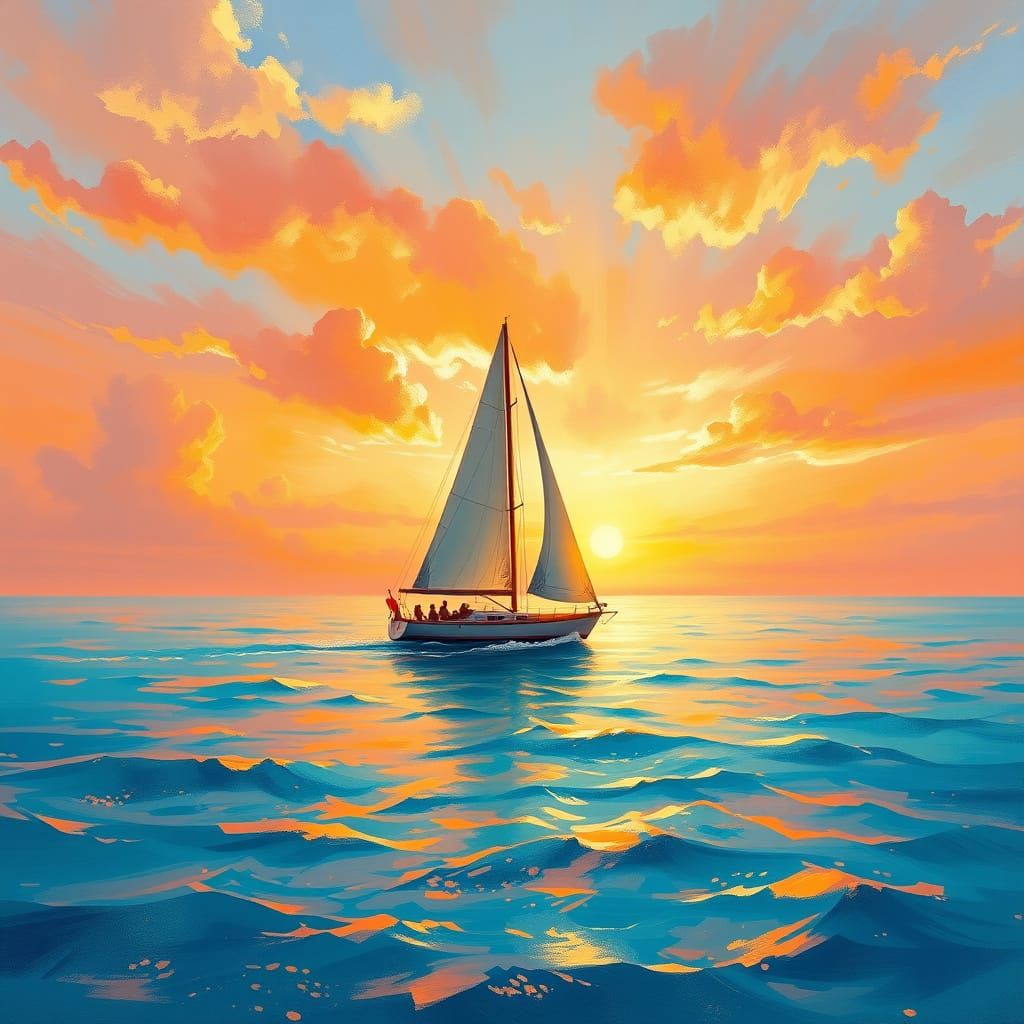 Sailboat Glides Across Sea at Sunset: Impressionistic Style