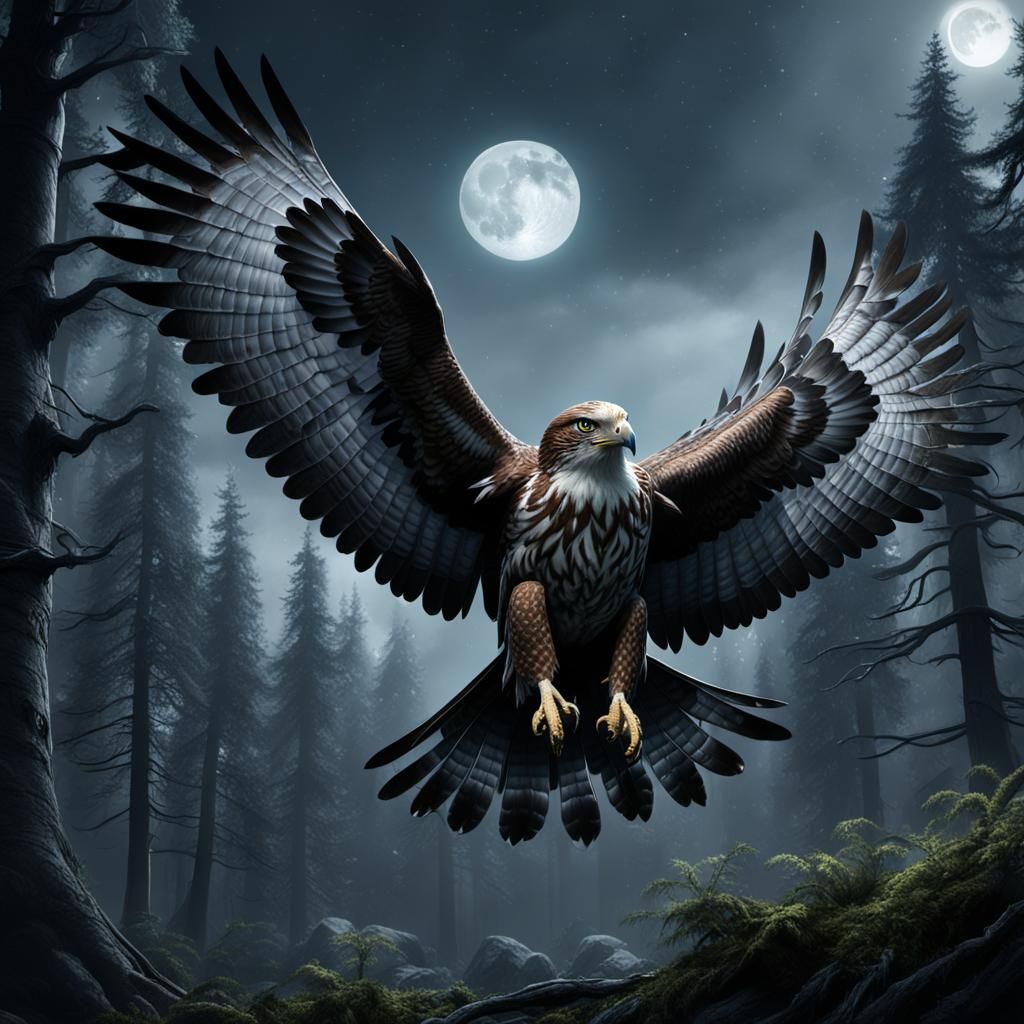Hawk in Gothic Forest Moonlight: Fantasy Art