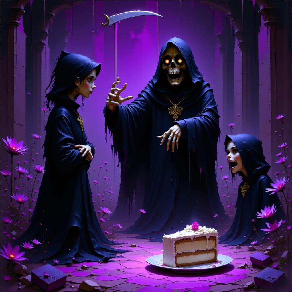 Grim Reaper Offers Cake or Death in Gothic Style