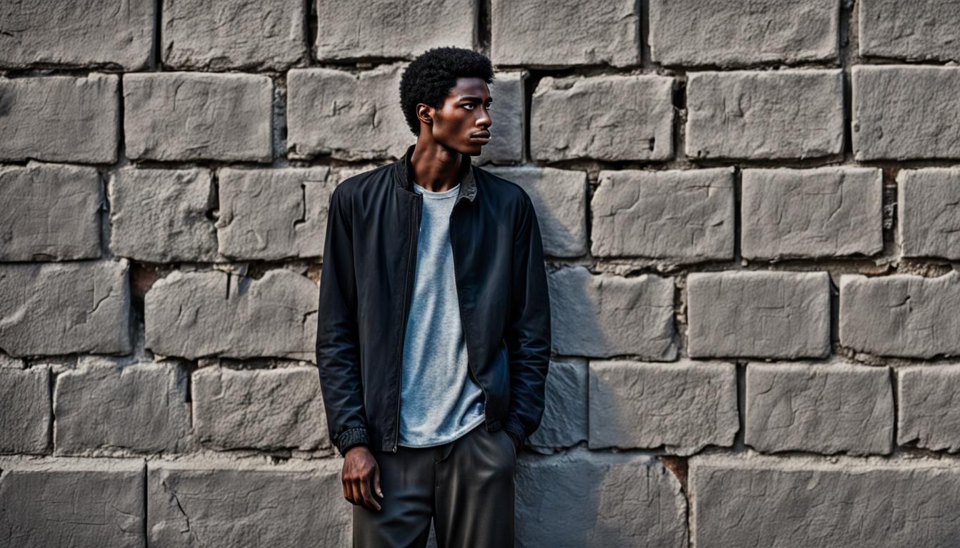 Contemplative Young Man by Brick Wall in Urban Setting
