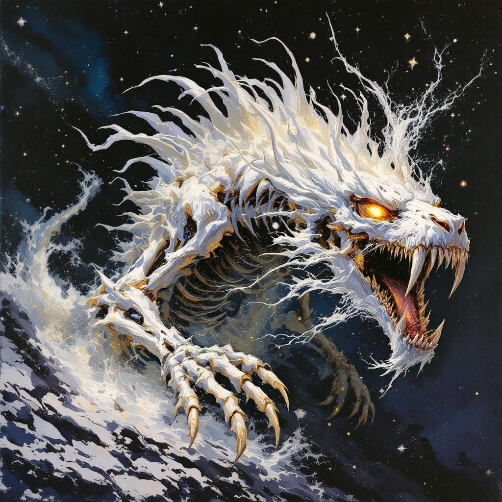 Ethereal, Skeletal Celestial Beast in Impressionist Painting