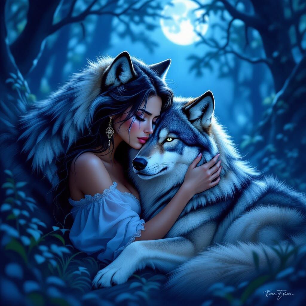 Woman Finds Solace with Majestic Wolf in Moonlit Forest