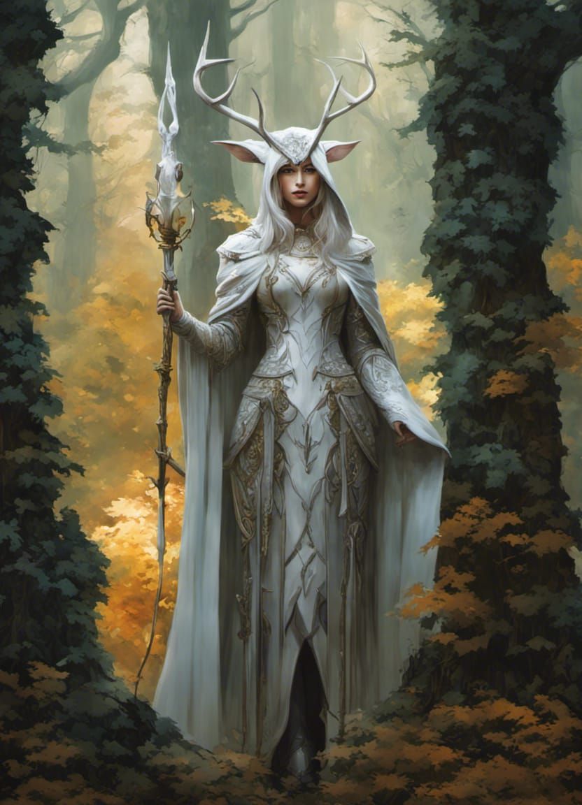 Mysterious Witch and White Stag in Forest
