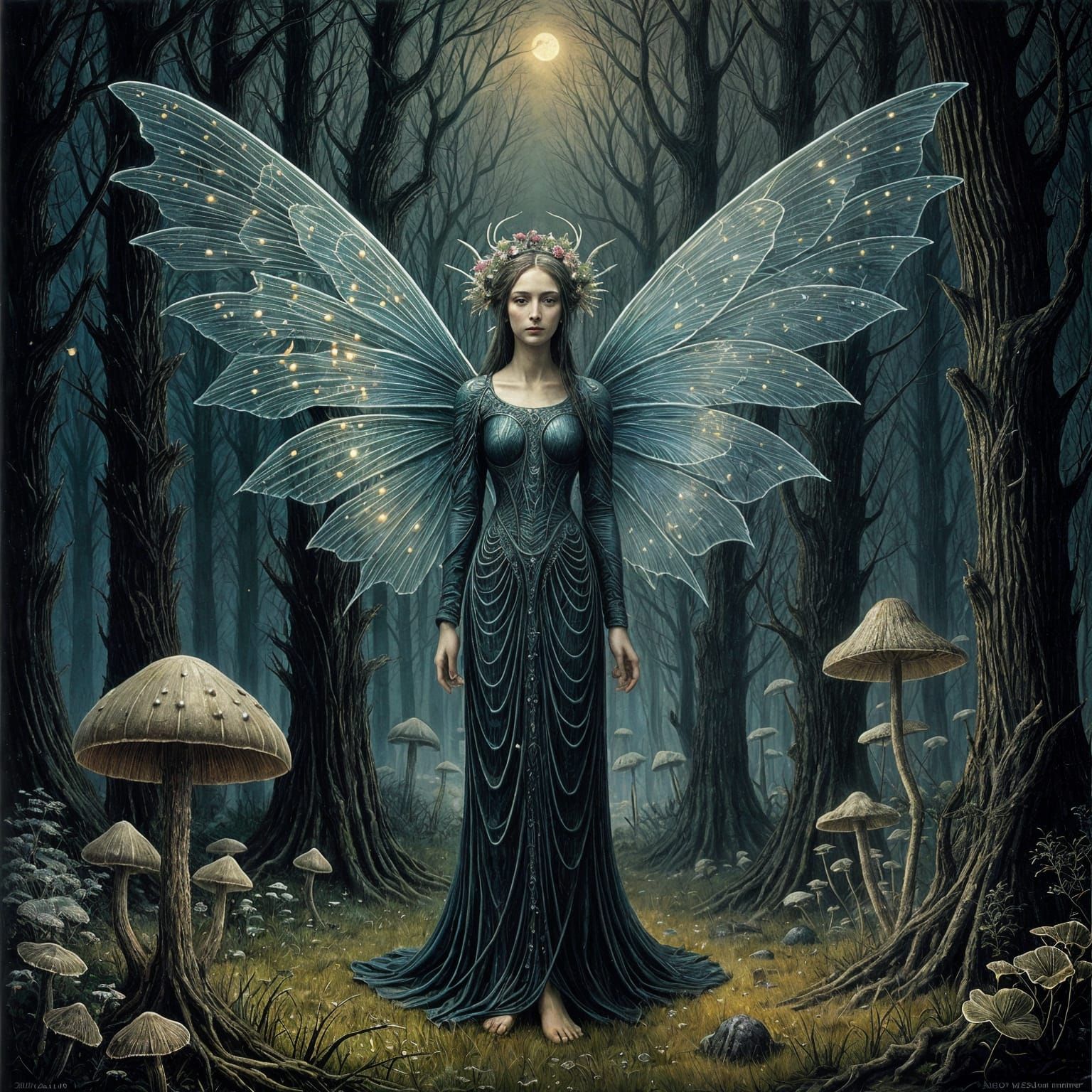 Bioluminescent Fairy in Duality: A Surreal Oil Painting