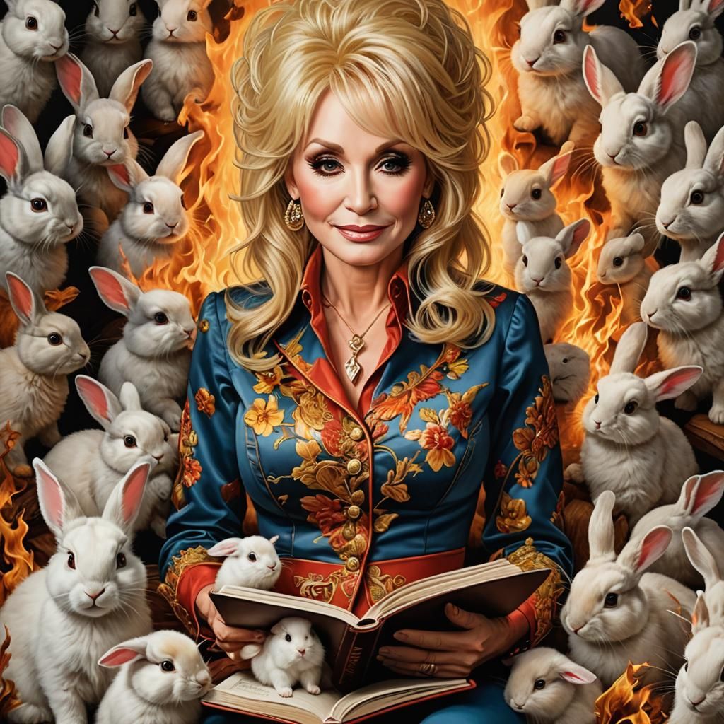 Hyperrealistic Portrait: Dolly Parton Reading with Rabbits