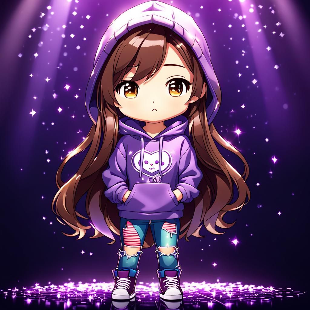 Chibi Girl in Purple Hoodie with Sparkly Background