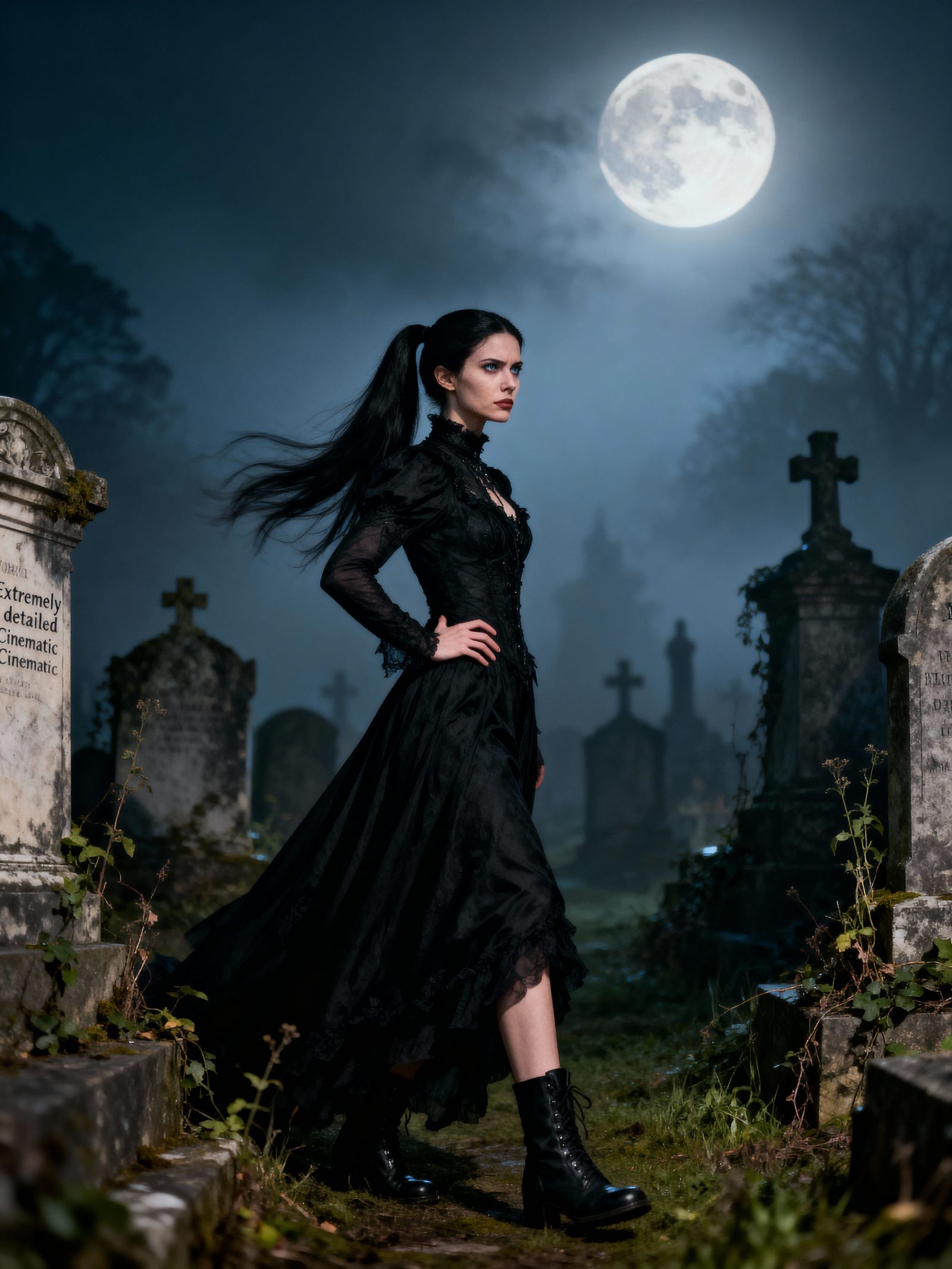Gothic Woman in Misty Cemetery Under Full Moon