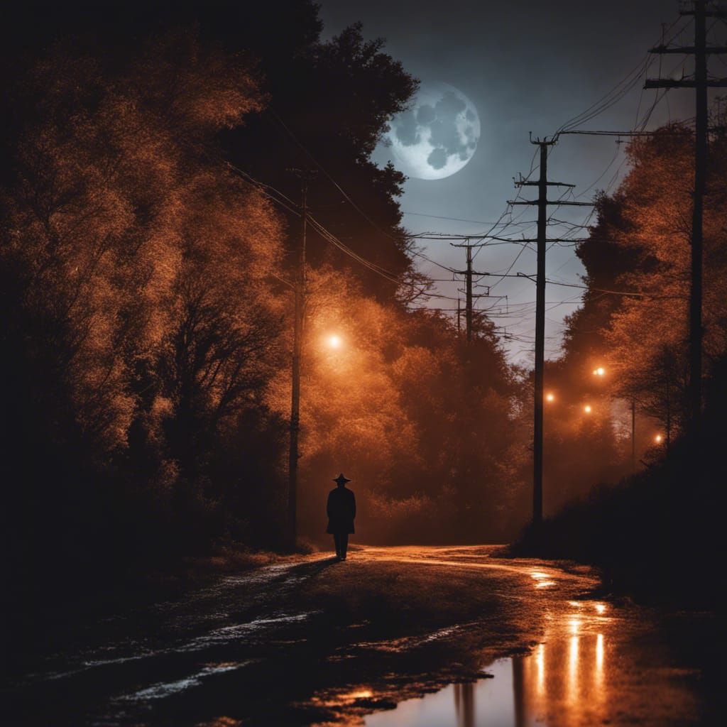 Night Road with Moon, Man, and Trees