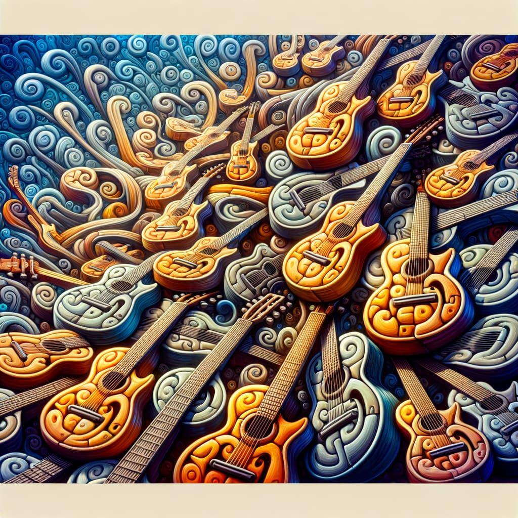 Surrealist Masterpiece: Twisting Guitars in Oil on Canvas