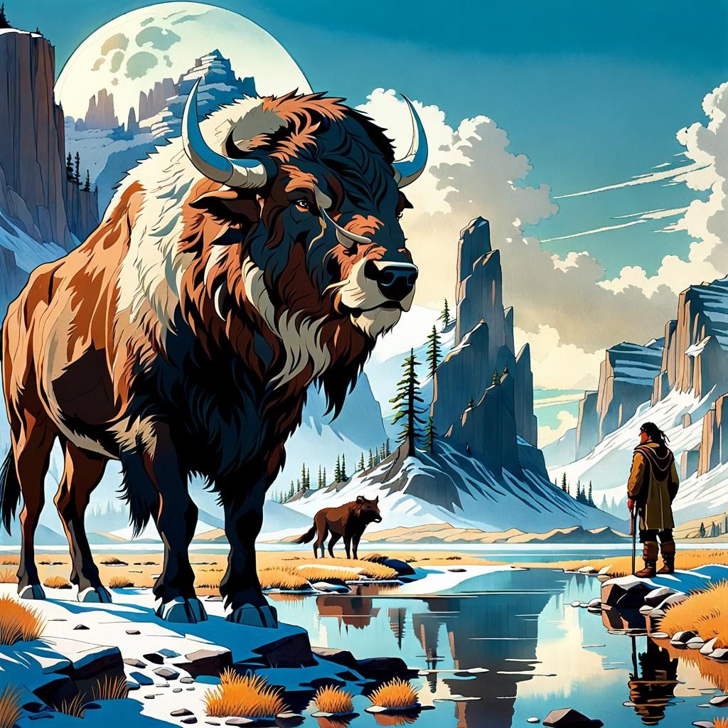 Native American, Bison, and Wolf in Anime Style