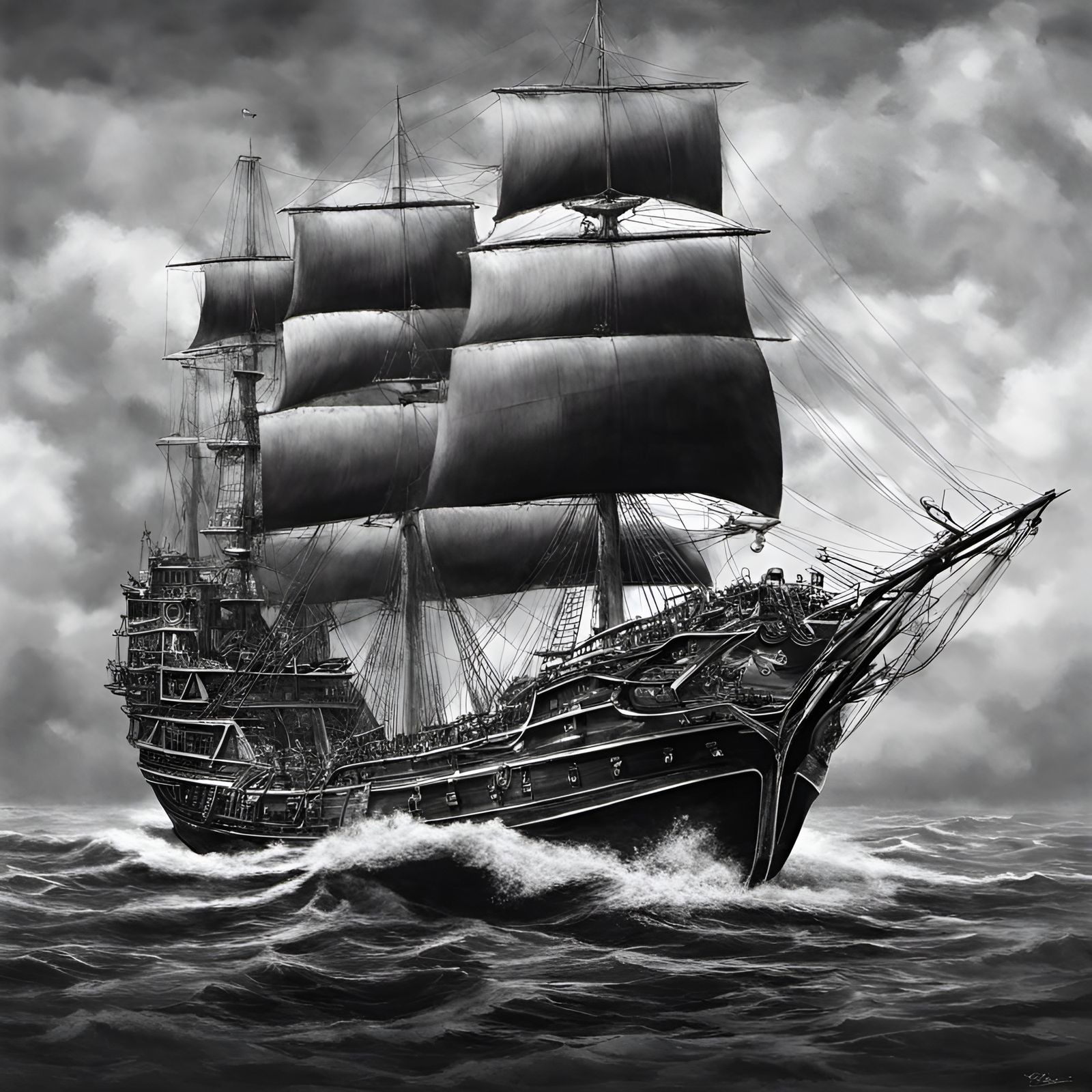 Hyperrealistic Black and White Drawing of The Black Pearl