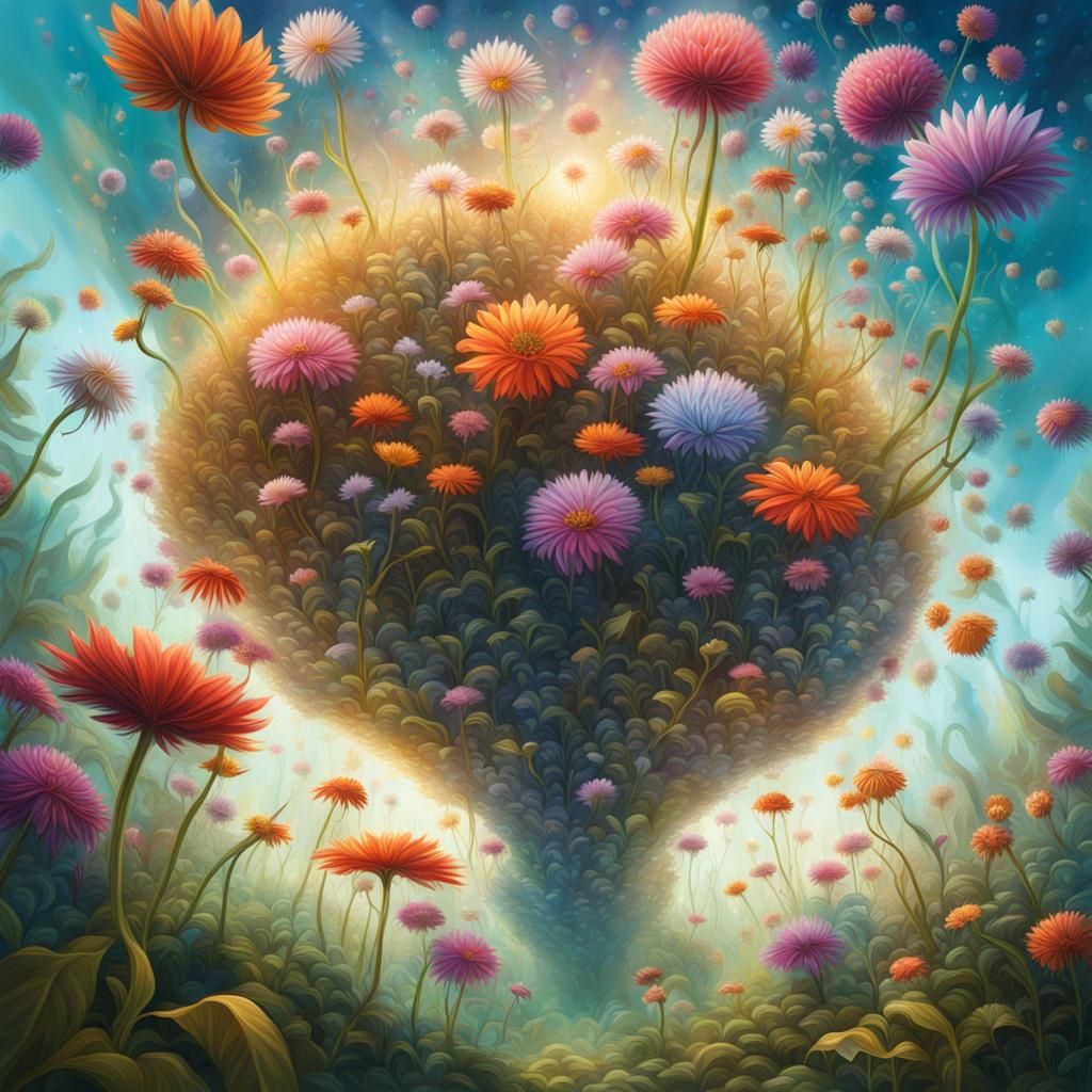 Impressionistic Flowers from Below in Anime CGI Style