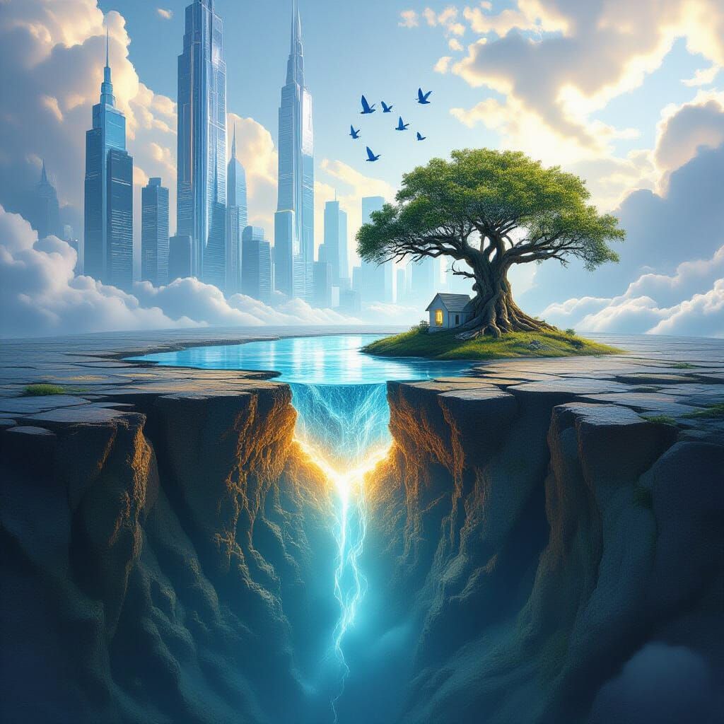 Futuristic Earth Fracture with Island and Baobab Tree