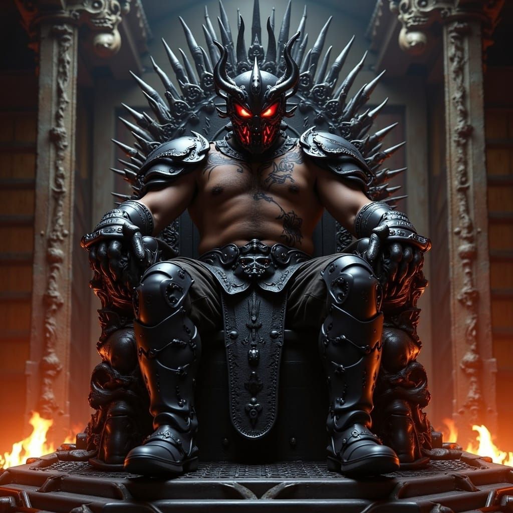 Menacing Cyberpunk Warlord on Throne of Skulls