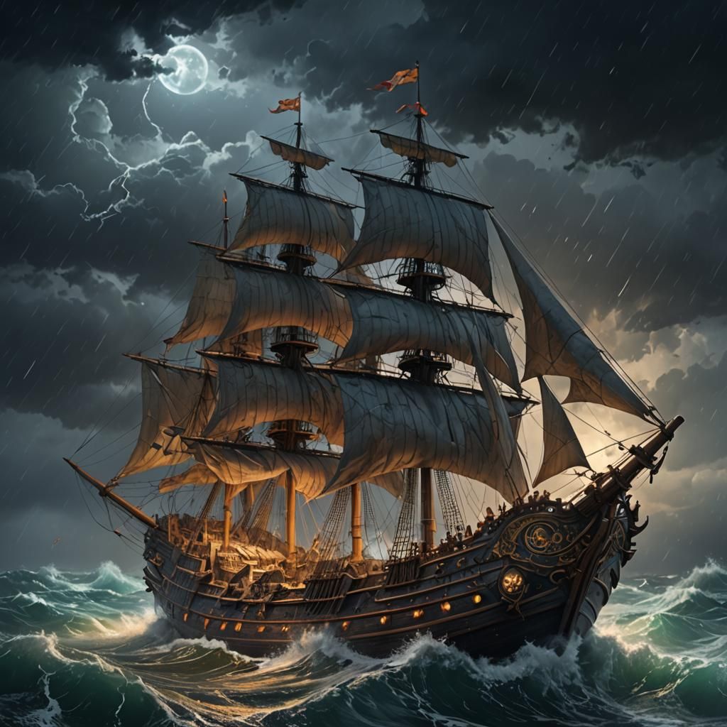 Medieval Warship Amidst Night Storm, Hyperdetailed Art