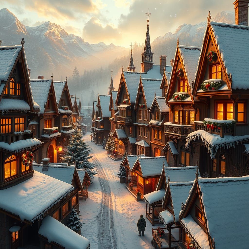 Magical Snowy Christmas Village at Golden Hour