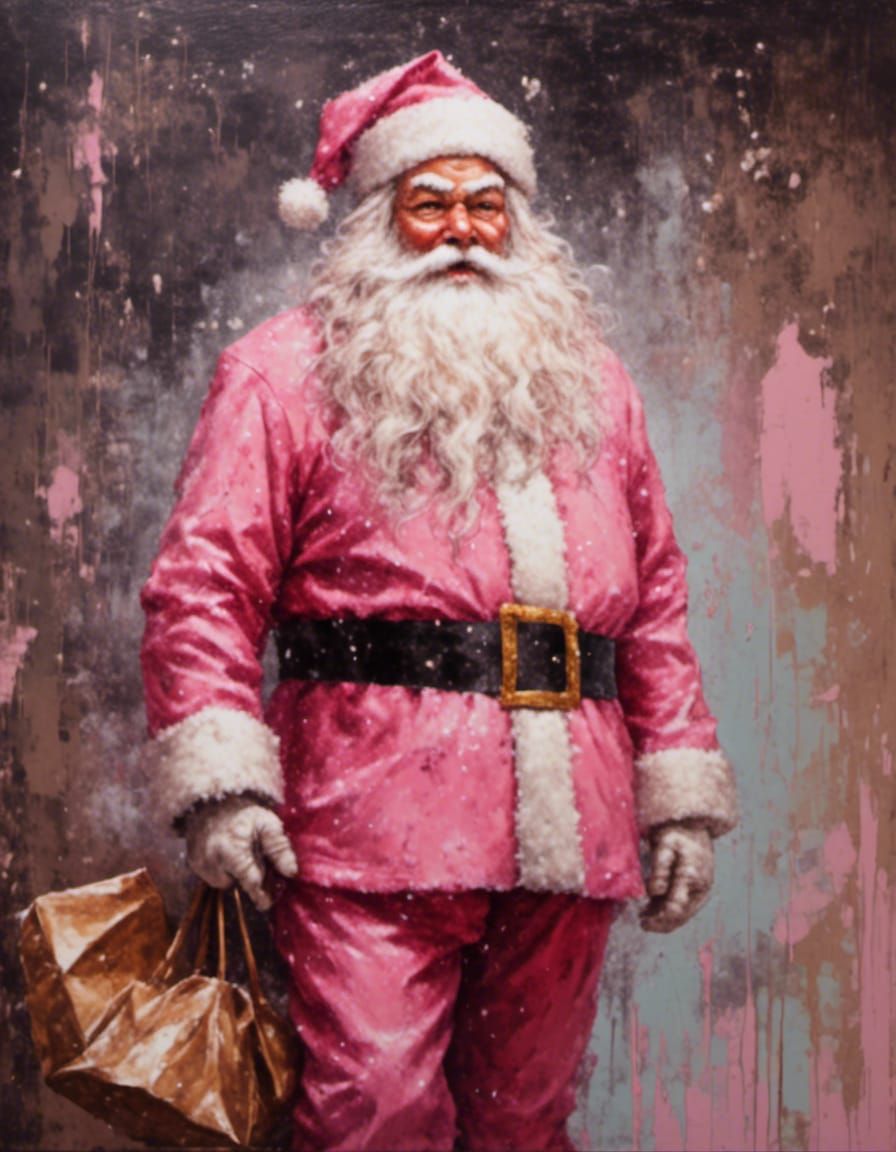Vintage Santa Claus in Pink Suit, Oil Painting