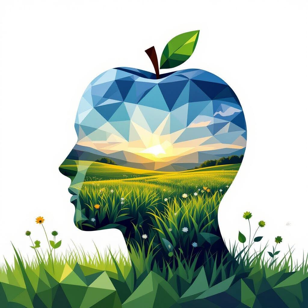Apple-Shaped Head Encapsulating Expressive Polygonal Landsca...