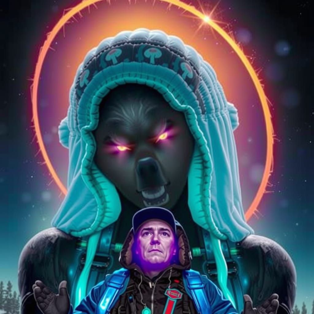 Mushroom-Patterned Figure Meets Grizzly Bear in Vintage Phot...