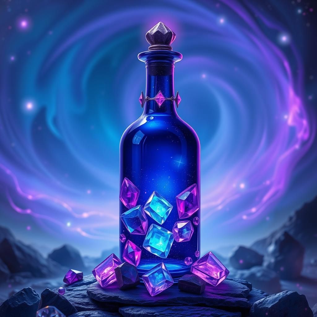 The potion bottle that has gems that is dark blue-violet. It...