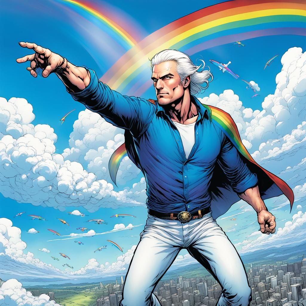 Rainbow Hero Flying in Blue Sky: Comic Book Art