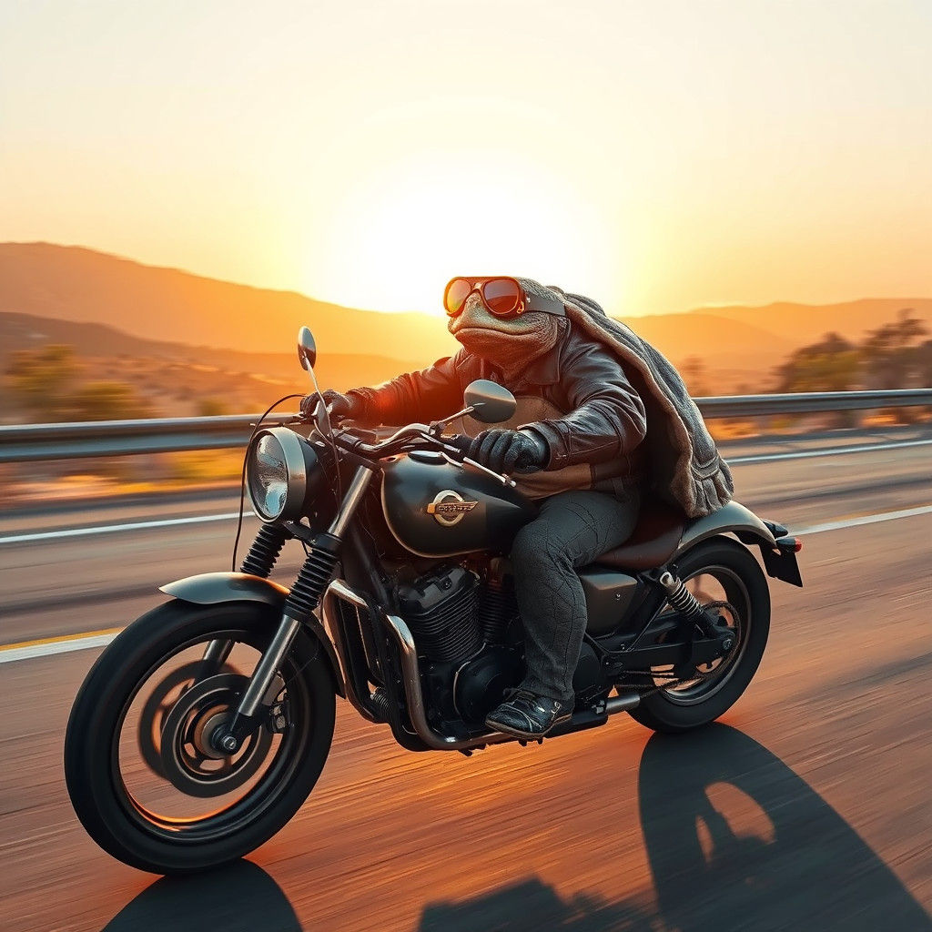 Turtle Rides Motorcycle in Retro-Futuristic Style