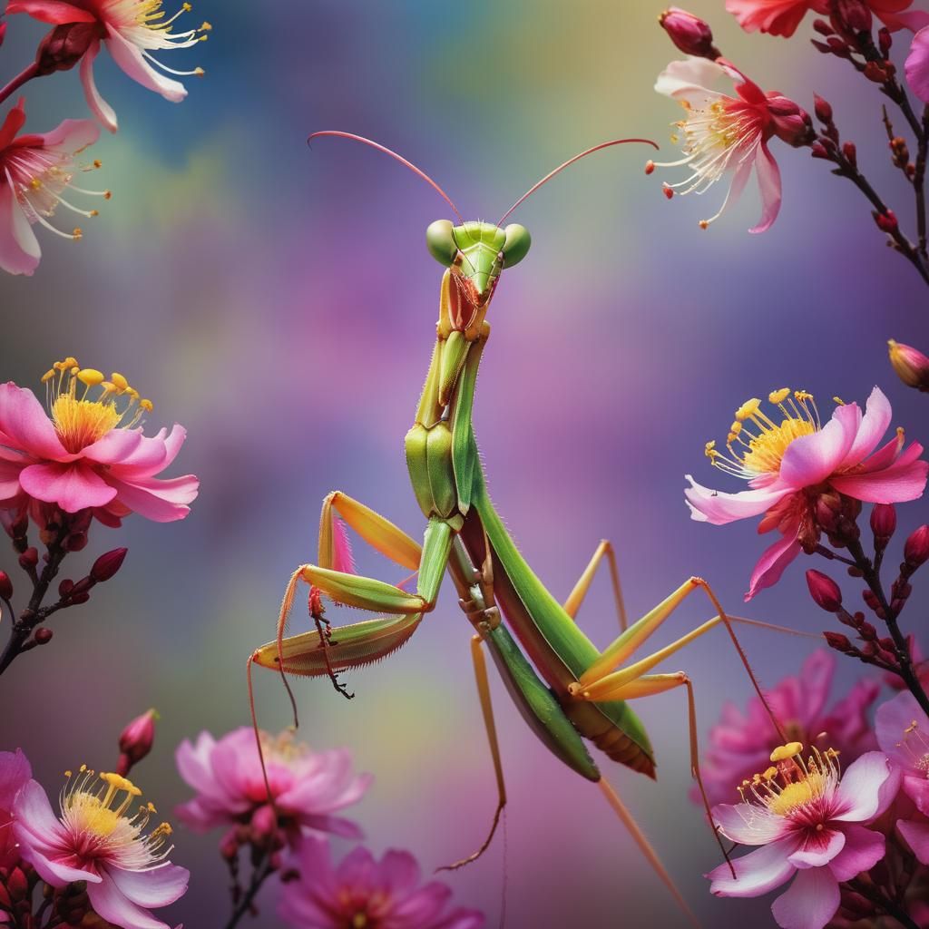 Praying Mantis on Flower in Watercolor and Acrylic