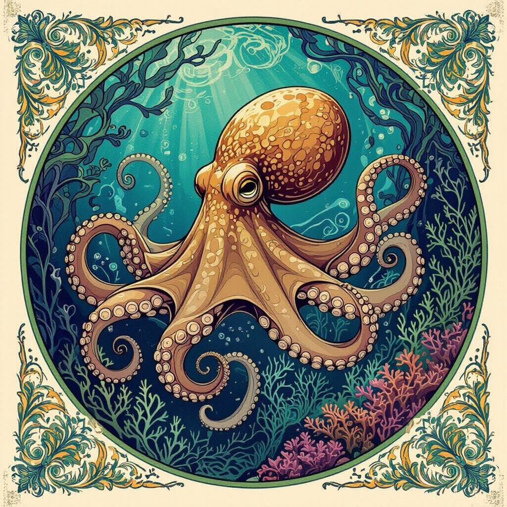 Art Nouveau Octopus in Bioluminescent Ocean