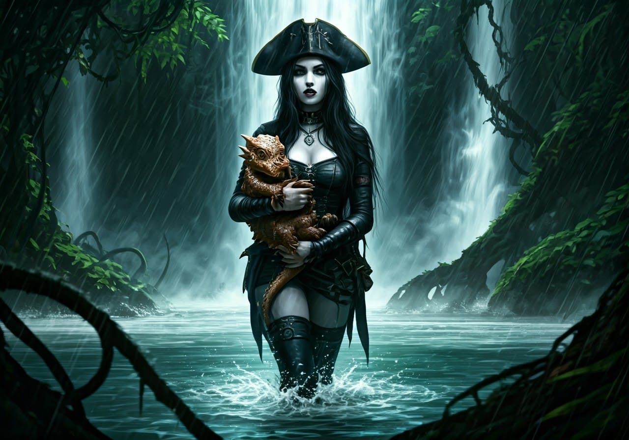 Gothic Pirate Woman with Dragon in Jungle