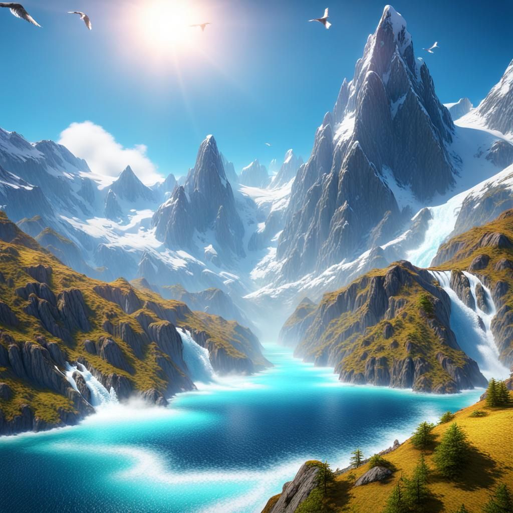 Majestic Mountainscape with Waterfalls and Ocean View