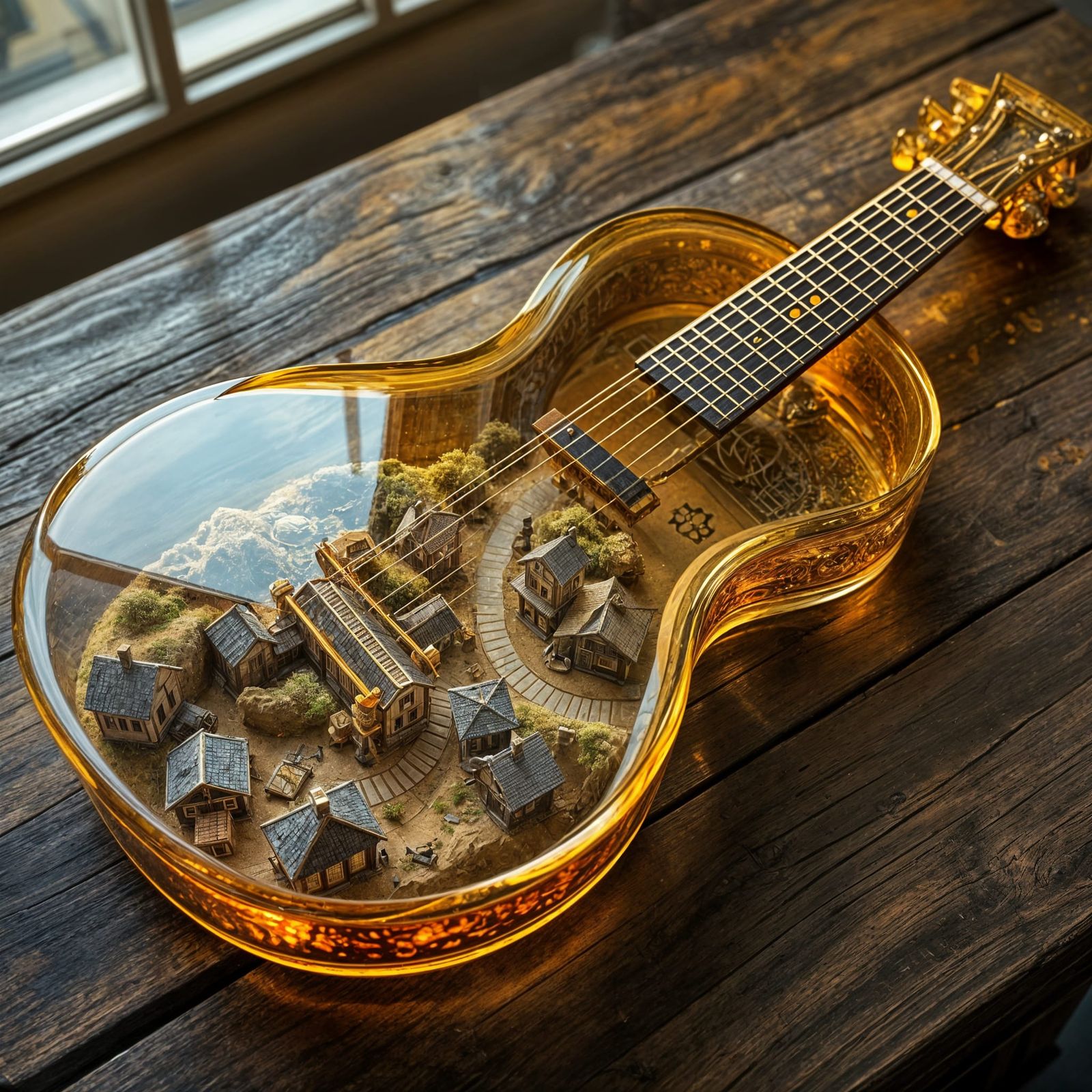 Golden Glass Guitar with Village Inside