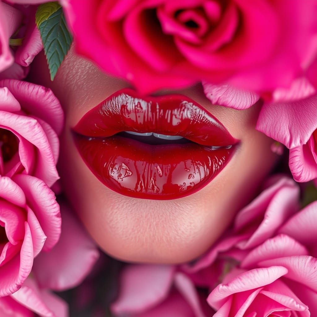 Hyper-Realistic Macro of Maroon Lips Among Vibrant Rose Flow...