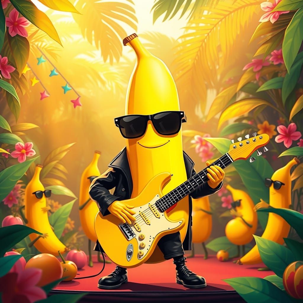 Banana Rock Star in Jungle Paradise: Whimsical Illustration