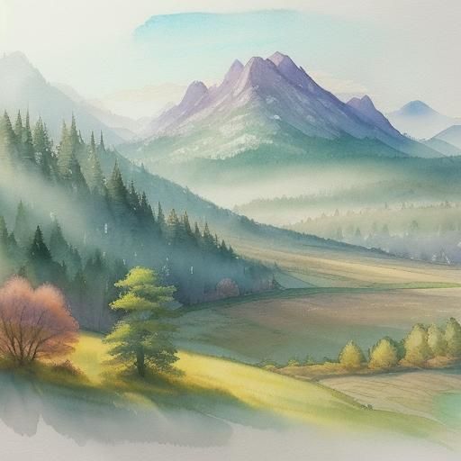 Doodle Fantasy Landscape with Watercolor Textures