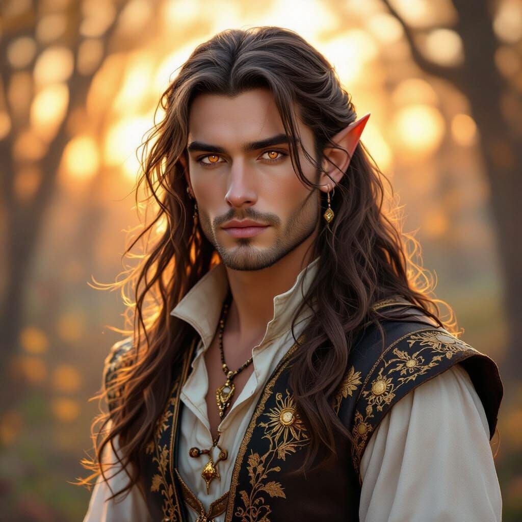 Sexy Male Fae King in Autumn Woodland Sunset
