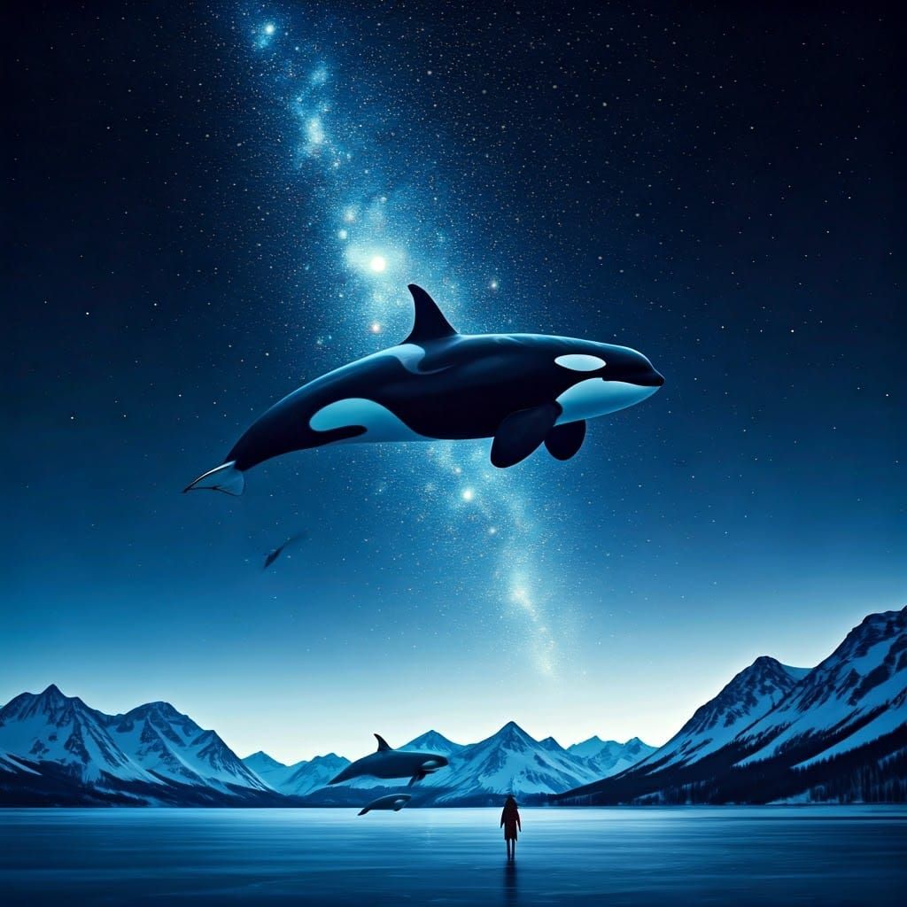 Moonlit Orca Whales in a Starry Sky