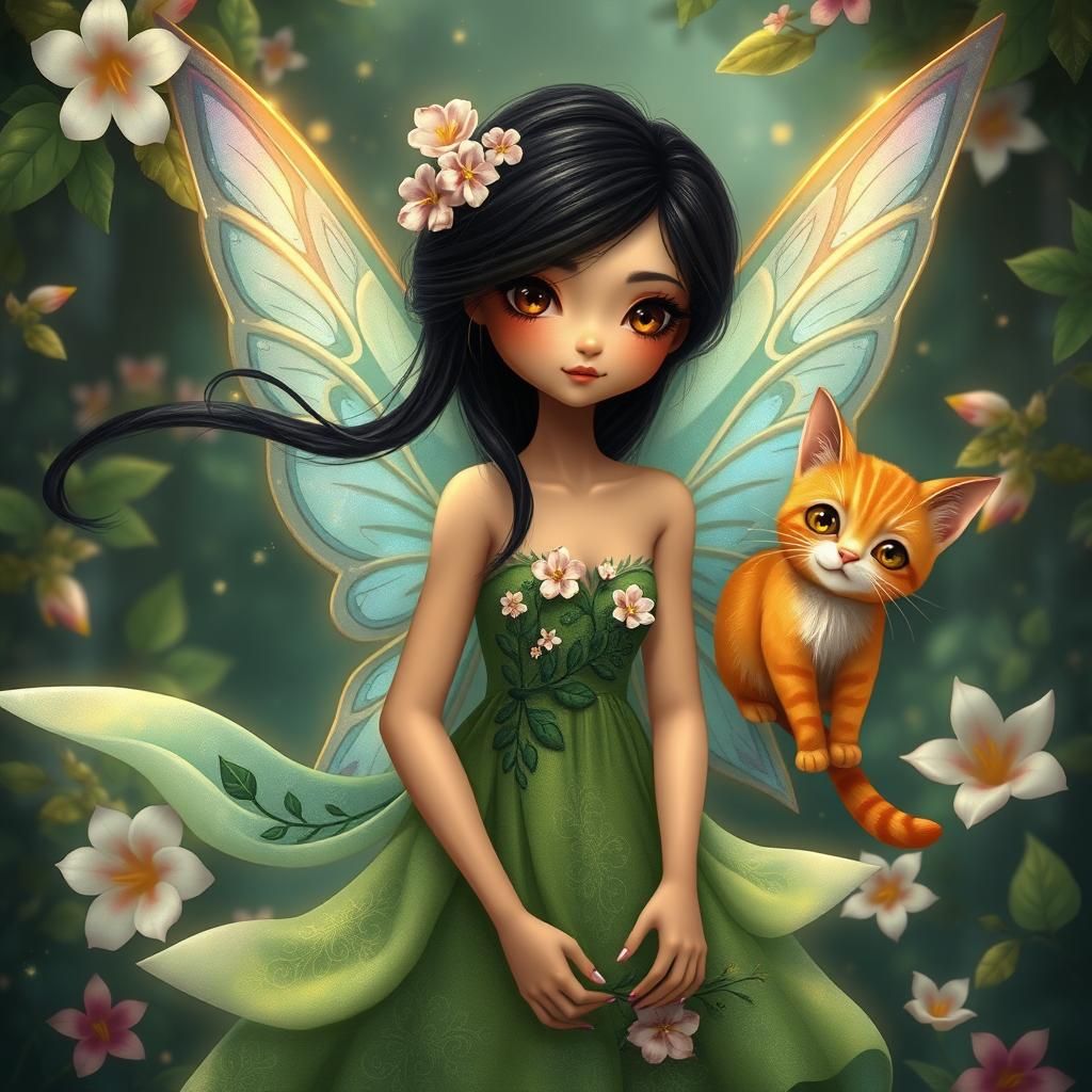 Brazilian Fairy with Cat Ears in Magical Forest