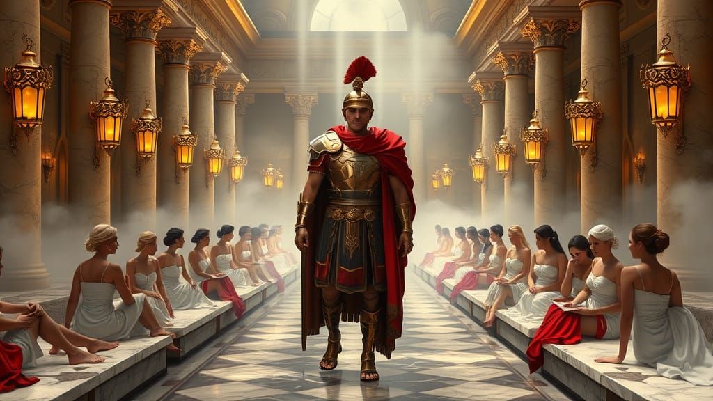Roman Soldier Enters Opulent Bathhouse Amidst Luminous Maide...