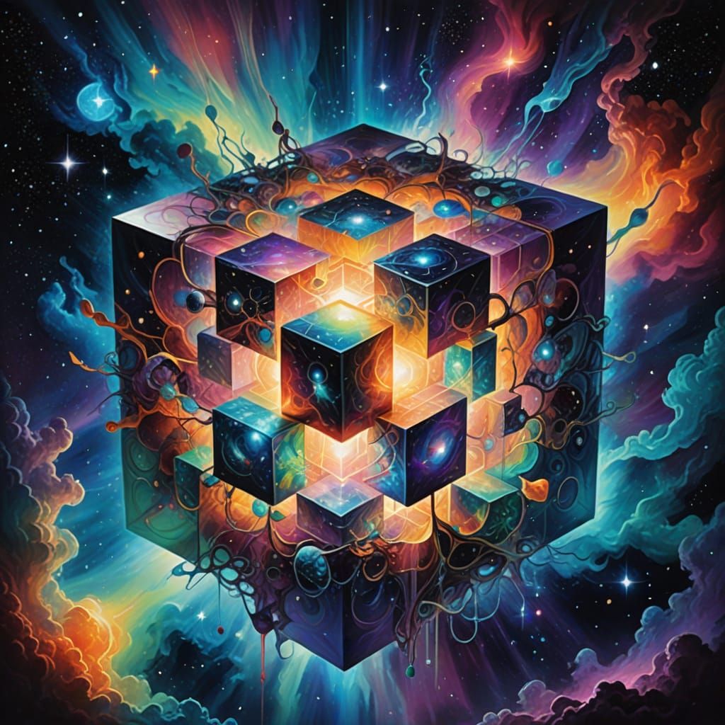 Glowing Cosmic Cube Radiates Light in Vibrant Astral Environ...