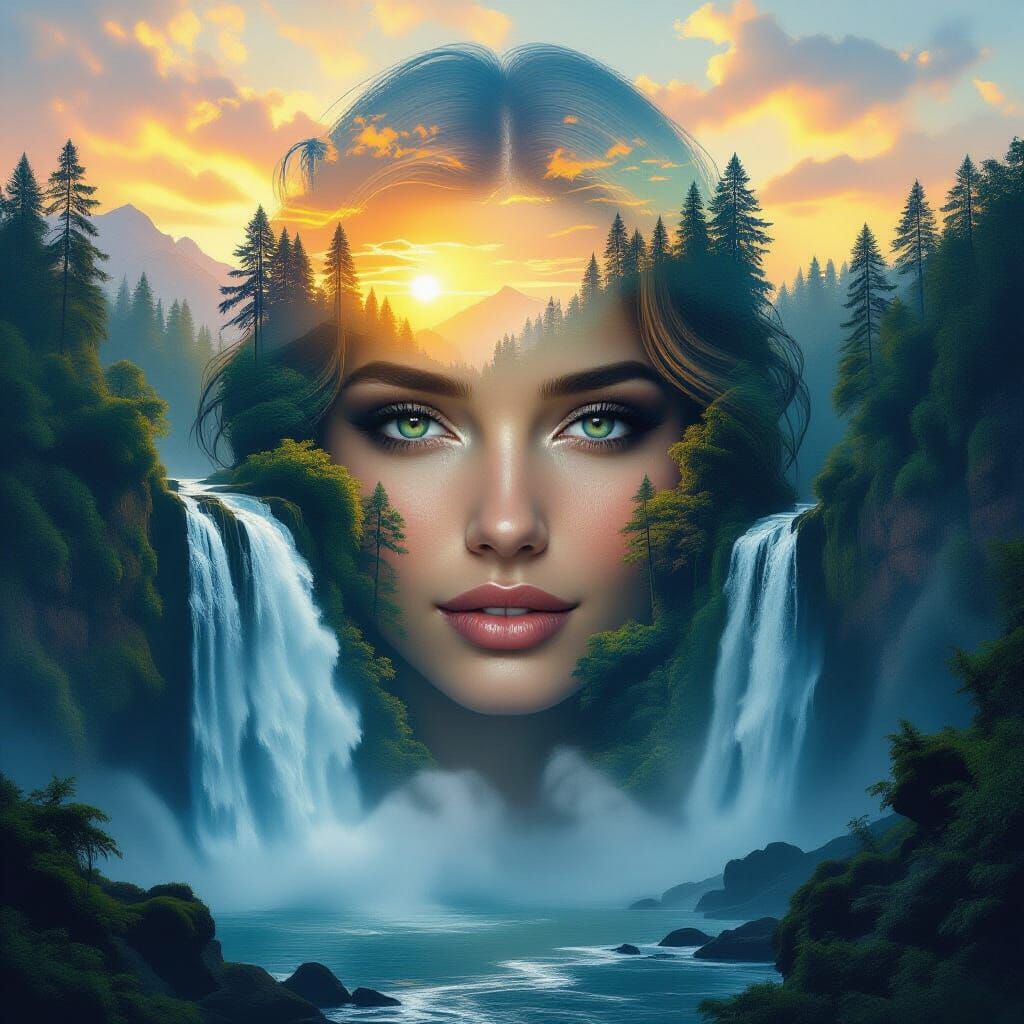 Forest Waterfall Face Triple Exposure in Golden Hour