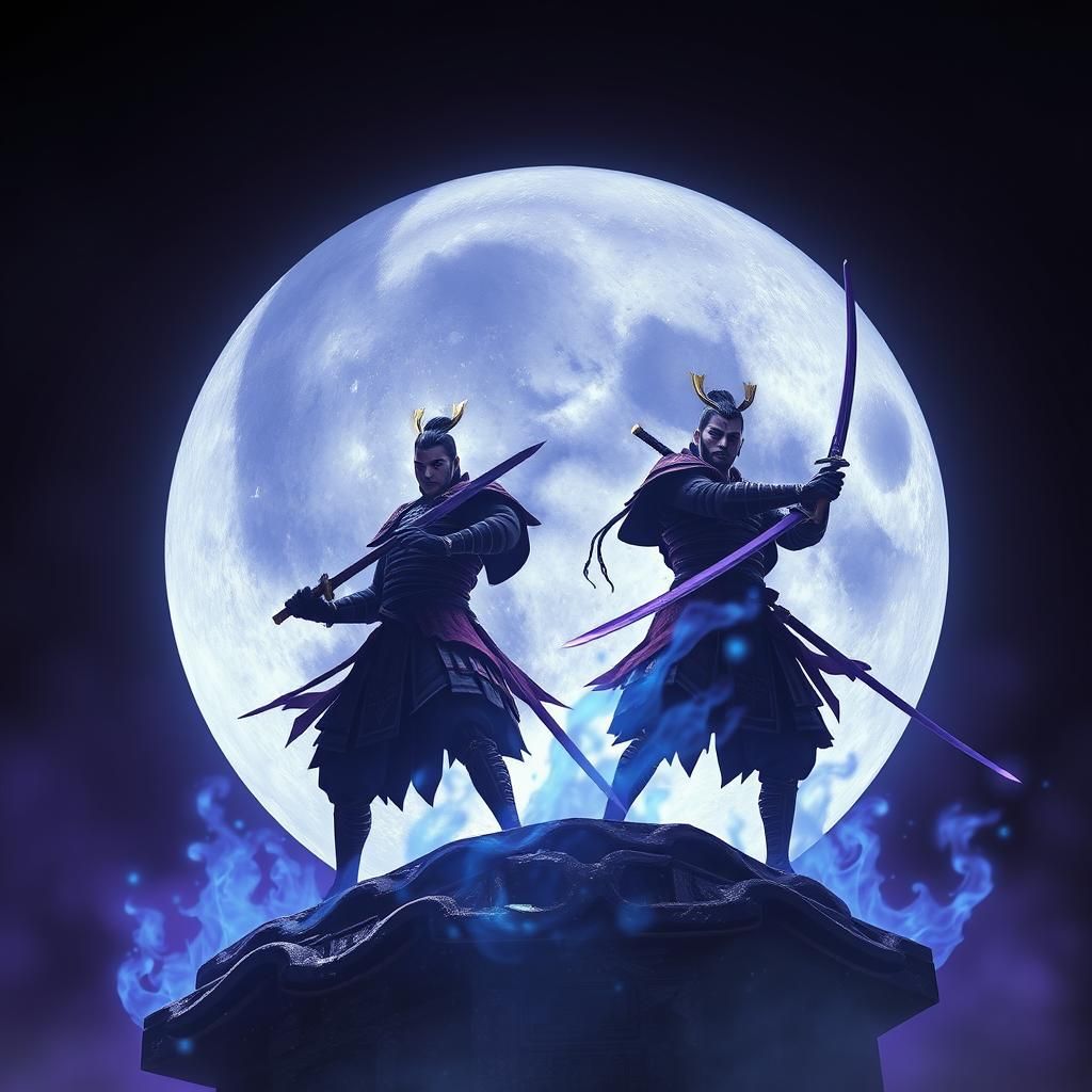 Samurai Warriors on the Moon in Dark Fantasy Style