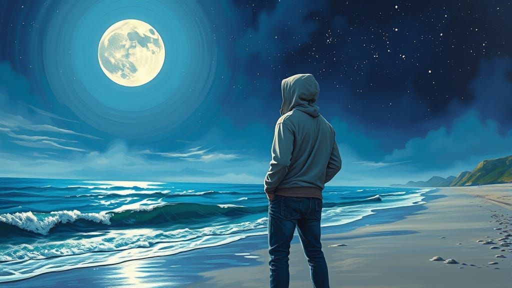 Hooded Man Contemplates Starry Beach: Futuristic Art