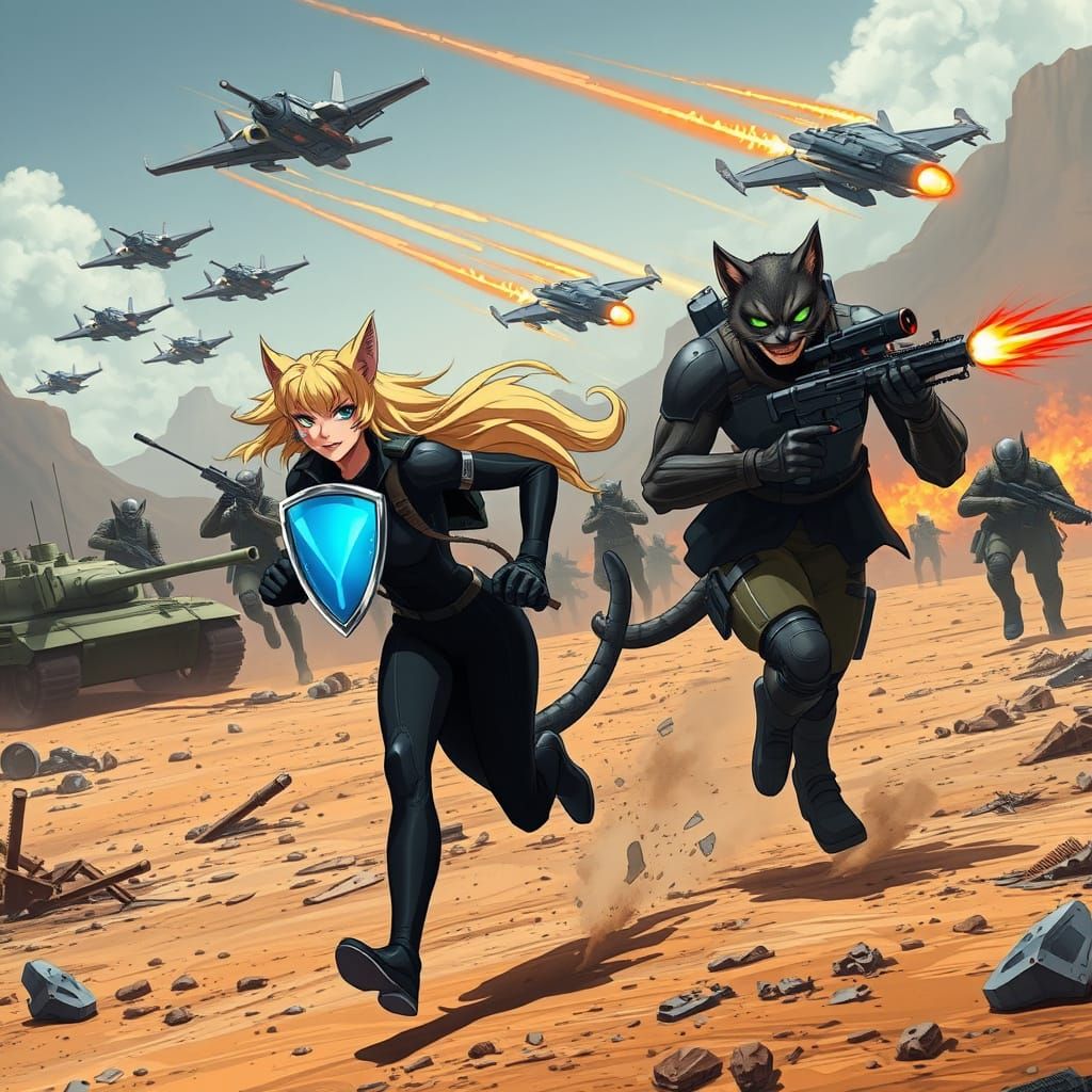 Feline Rebels Flee War-Torn Landscape in High-Octane Cyberpu...