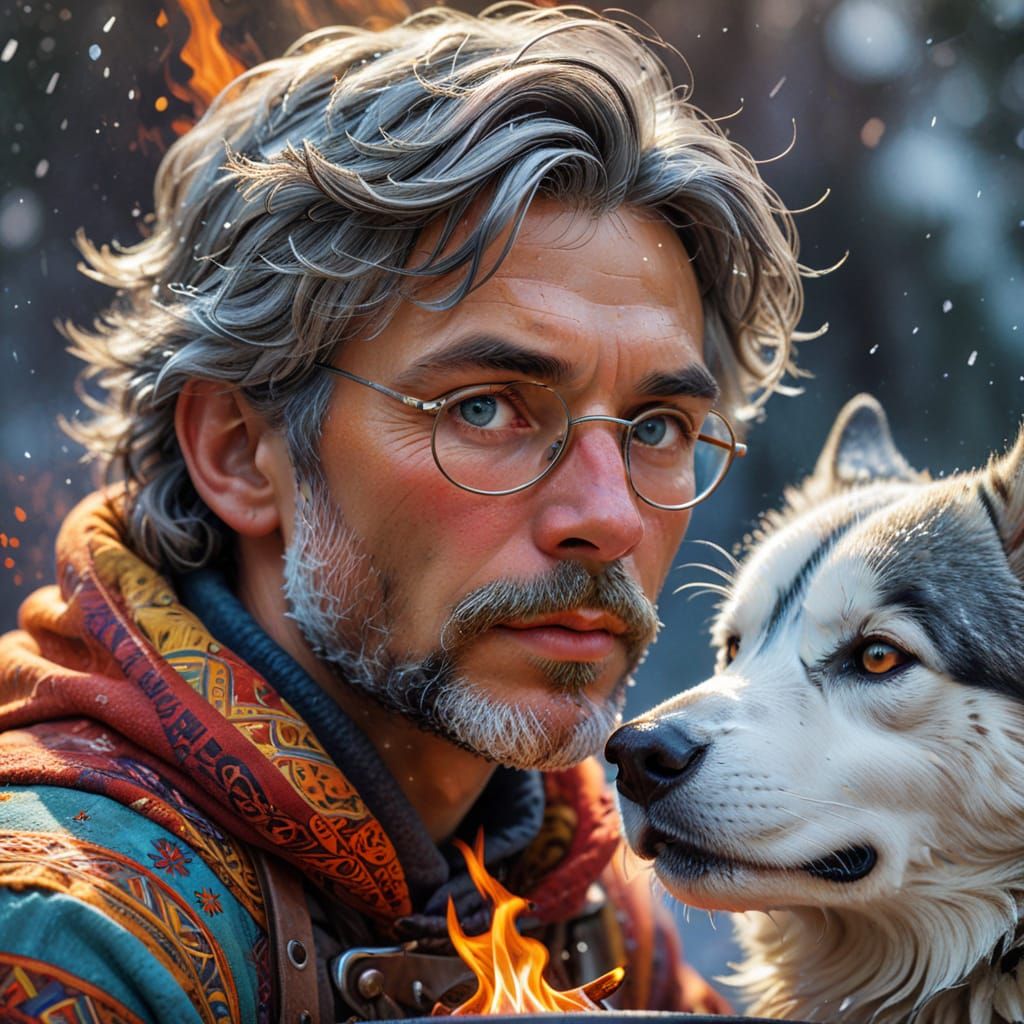 Man and His Huskies by the Evening Fire