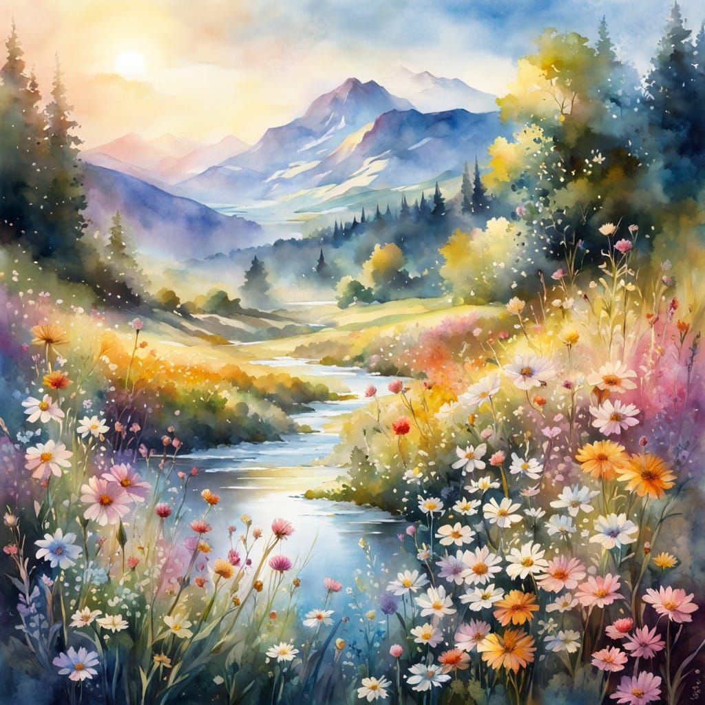 Whimsical Watercolor Fantasy of Blooming Meadow