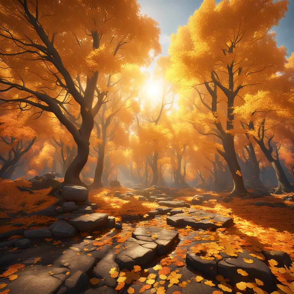 Sunlit Autumn Trees: Detailed Matte Painting in Deep Color